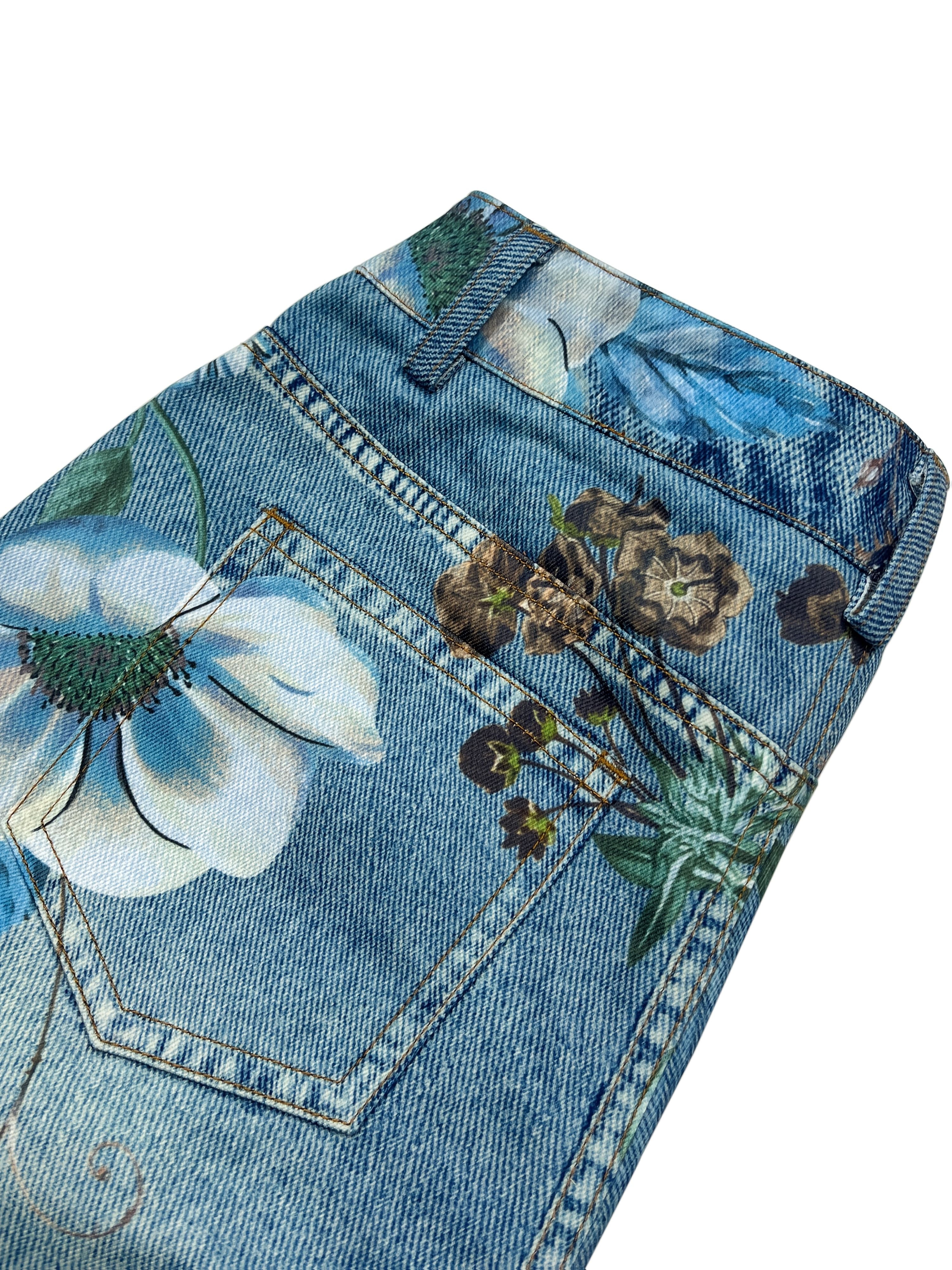 Loose-Fitting Casual Street Style Retro Floral Print High-Waisted Wide-Leg Blue Faux Denim for Women'S Fashion in All Seasons.
