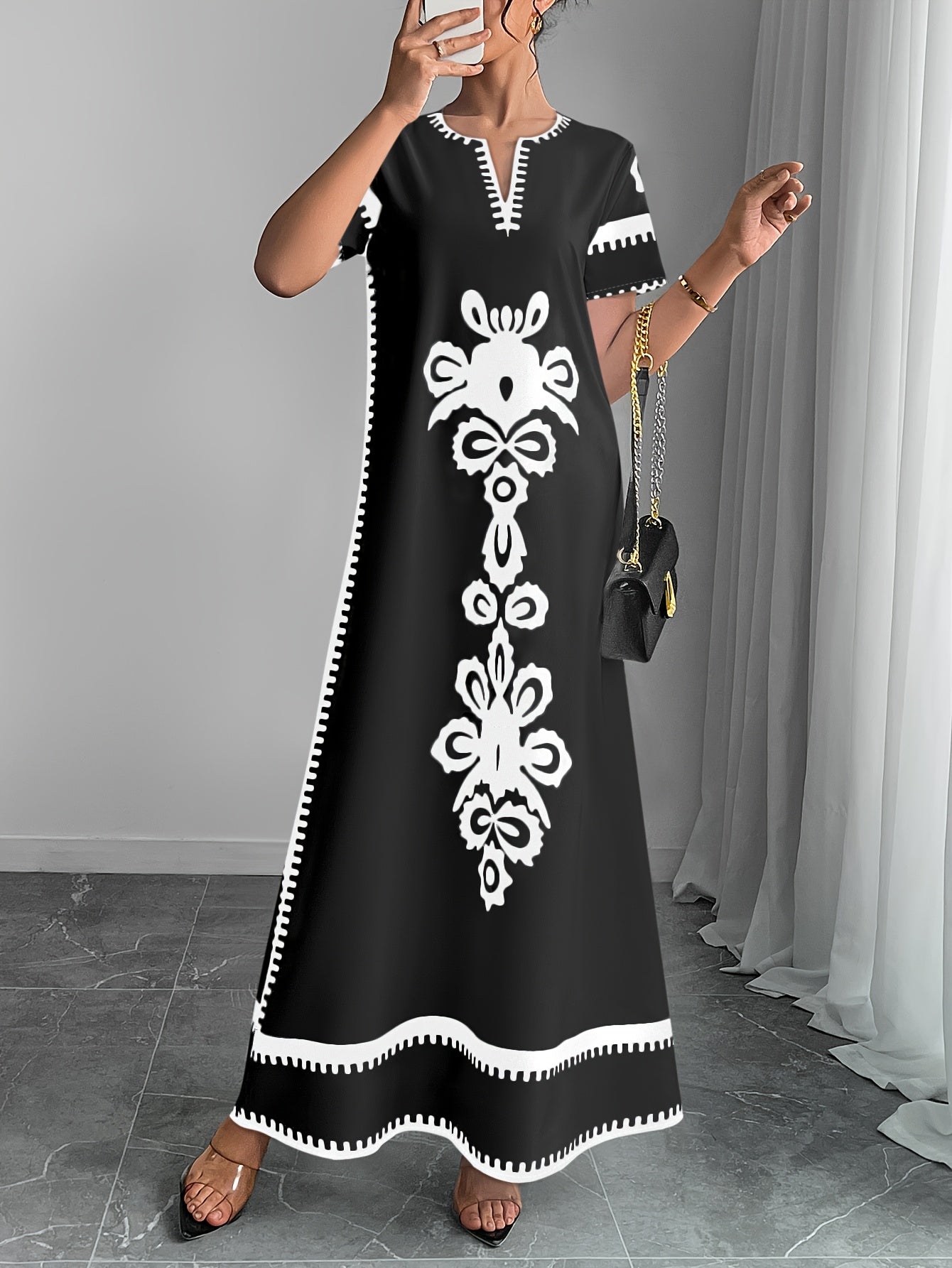 Women'S Elegant White & Black Floral Print Maxi Dress with Keyhole Detail - Casual Polyester Tunic Dress for Summer, Middle Eastern Ethnic Style, Lightweight & Breathable, Perfect for Casual Attire, Summer Casual Wear | Flora