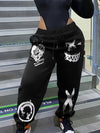 Women'S Casual Printed Sweatpants - Black with White Cartoon Face & Letter Design, Elastic Waistband with Drawstring, Lightweight Polyester for Spring/Fal