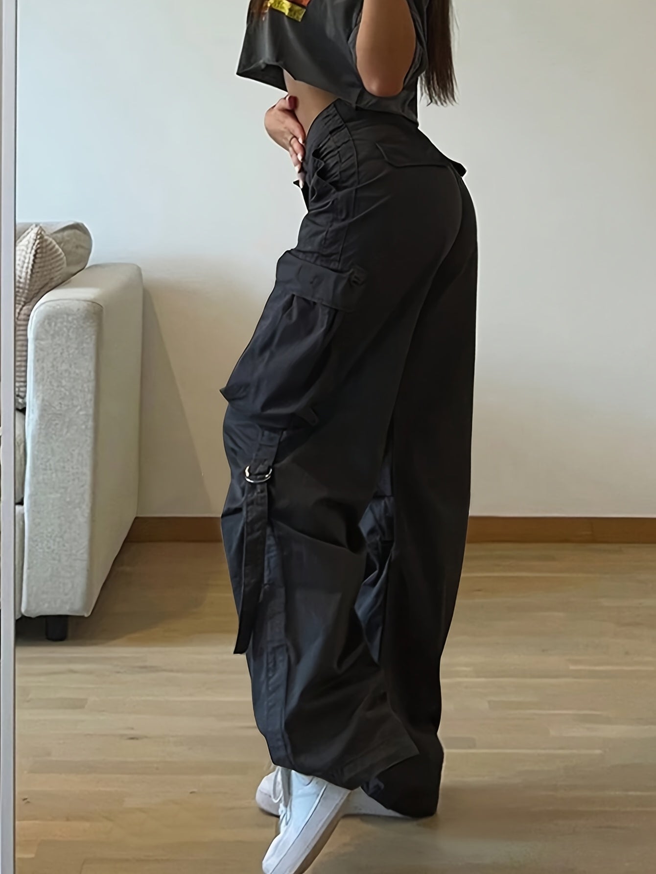 Women'S High-Waisted Loose Fit Cargo Pants - Y2K Inspired, 100% Polyester, Street Style with Flap Pockets & Tie Detail, Wide Leg Umbrella Design for Casual Wear, Perfect for All Season