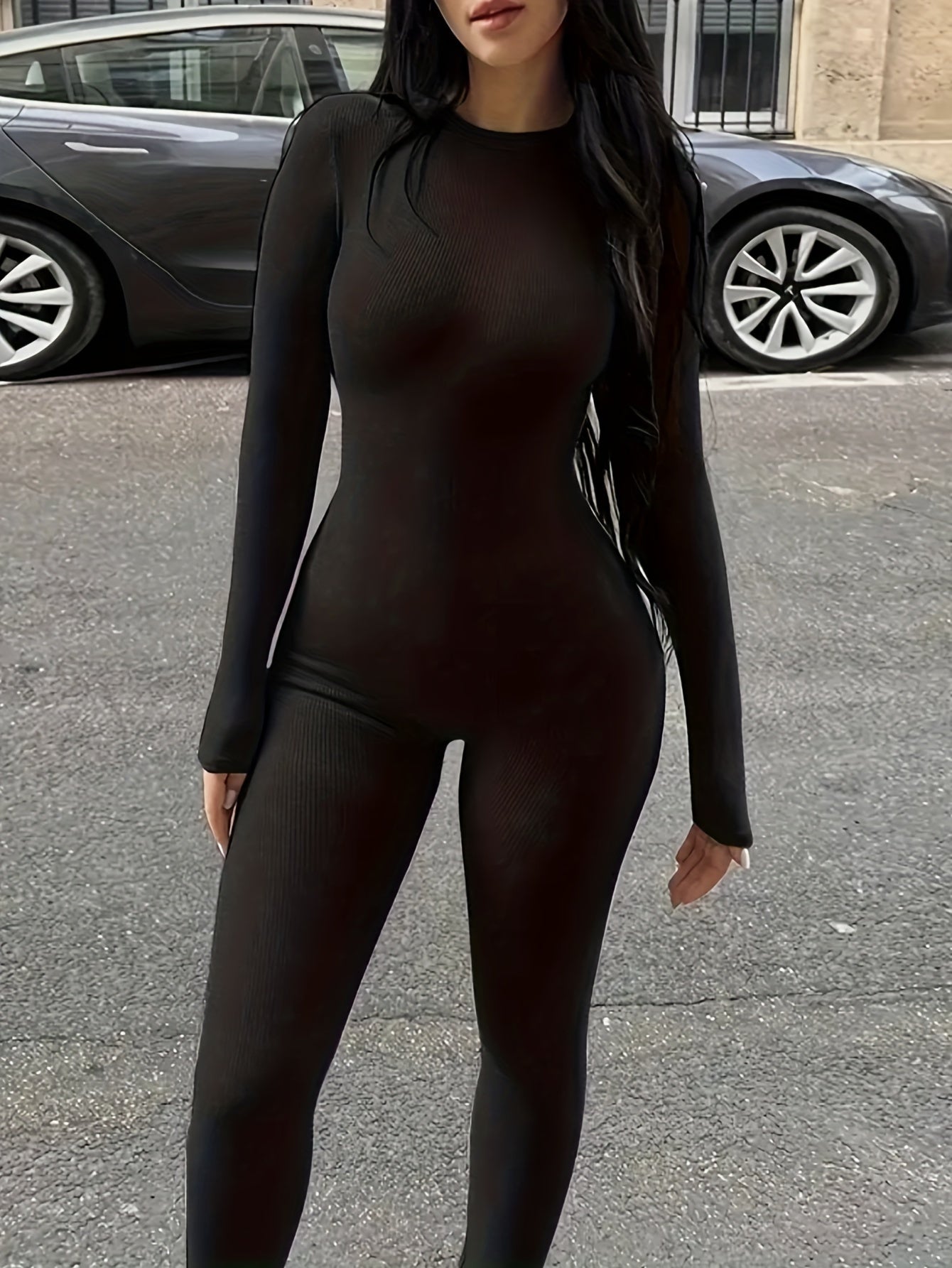 Women's Solid Color Long Sleeve Yoga Jumpsuit - Slim Fit Activewear Bodysuit for Fitness and Yoga