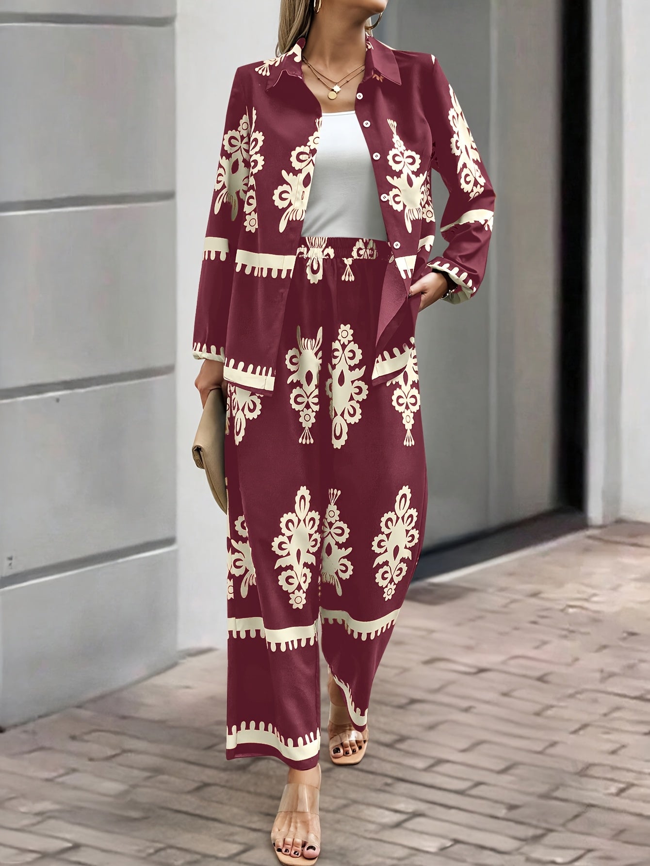 2pcs Elegant Special Set for Women with Random Print Front Button Long Sleeve Top and Pants Casual Suit