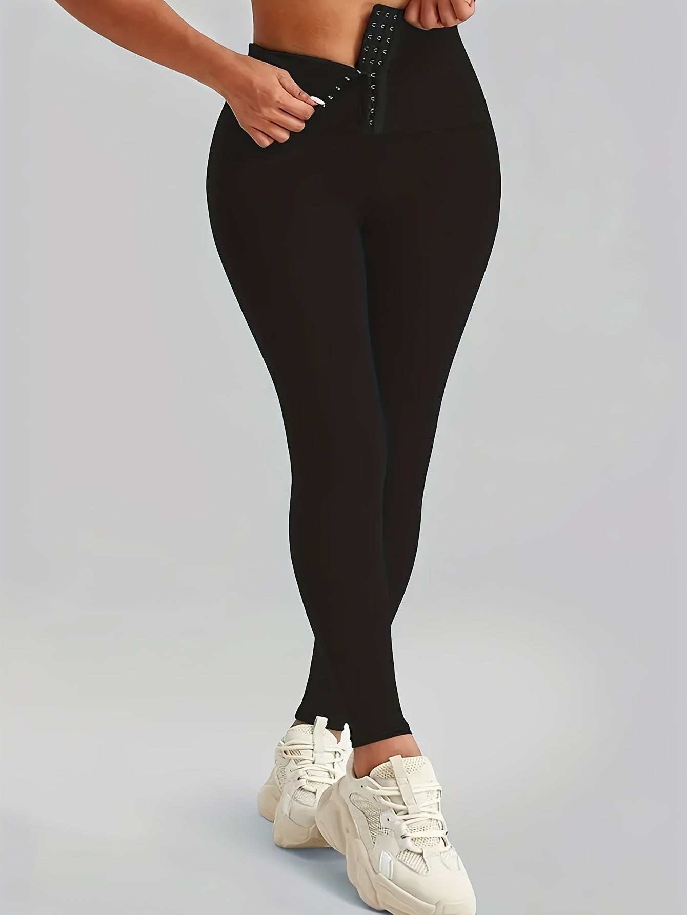High-Waist Slimming Leggings with Double-Row Buckle - Stretchy, Non-See-Through Nylon Blend for Yoga, Fitness & Casual Wear