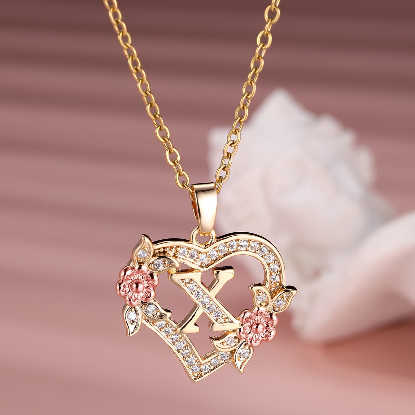 1pc A-Z Letter Love Heart Necklace Elegant zirconia Rose Golden Necklace Valentine'S Day Gift Trendy Jewelry For Women