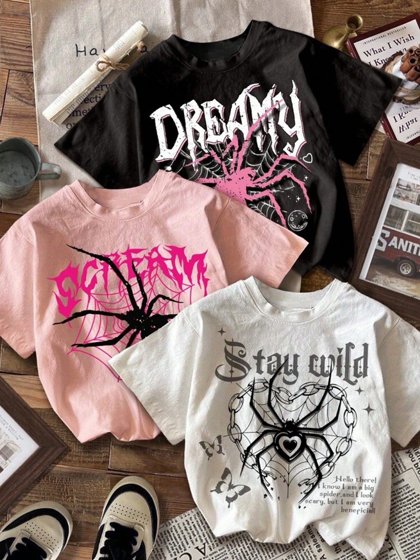 Women'S 3pcs Spider Web Print T-Shirt Set - Casual Crew Neck Short Sleeve, Polyester Machine Washable - Versatile Fashion for Spring and Summer, Allseason Wear|Spider Web Design|Polyester Fabric