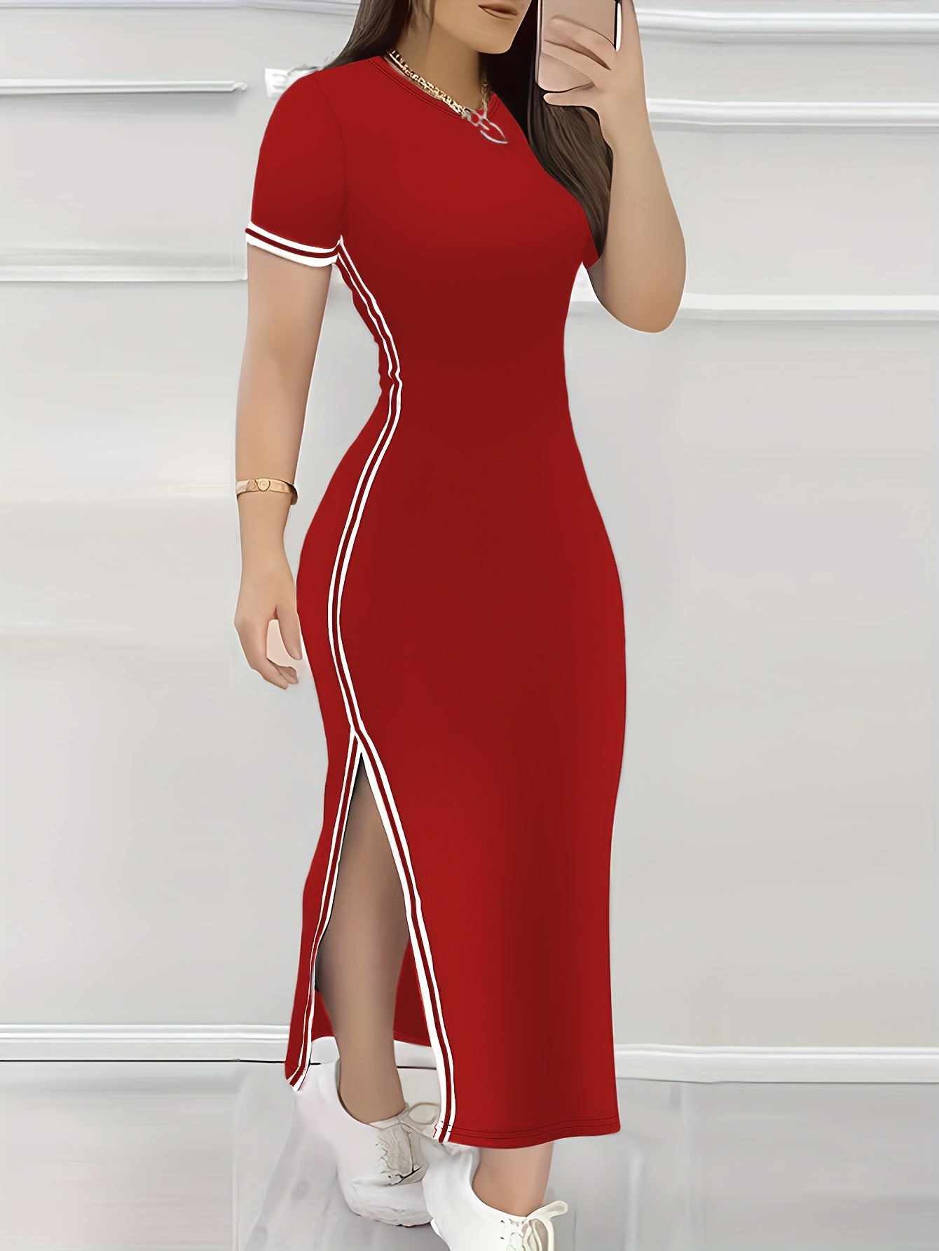 Women's Contrast Trim Split Hem Bodycon Dress - Elegant Crew Neck Short Sleeve Dress For Spring & Summer - For Women - Perfect for Parties & Casual Occasions - Stylish Gift for Fashionable Ladies