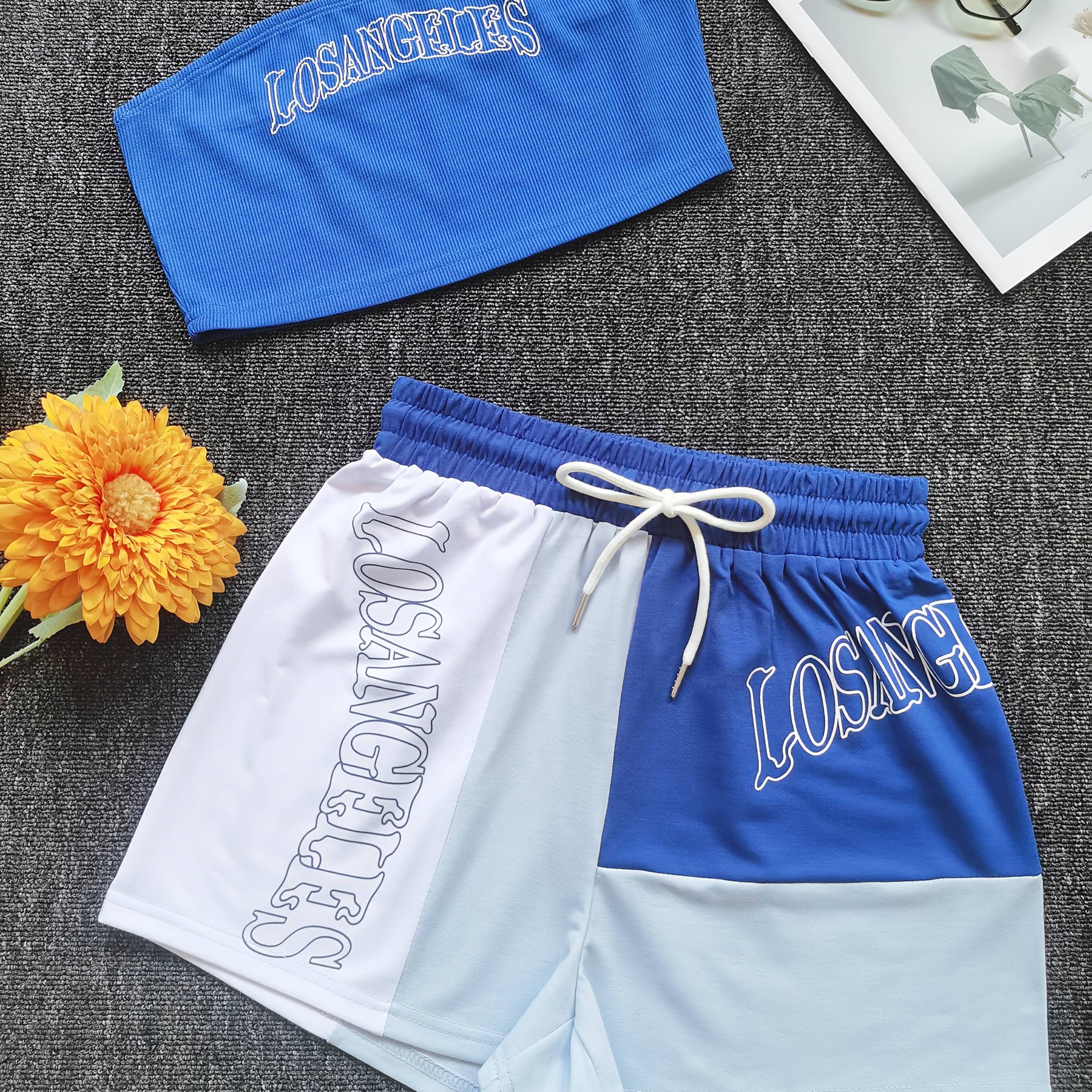 Women'S Stylish Casual Printed Color-Blocked Shorts And Strapless Two-Piece Set