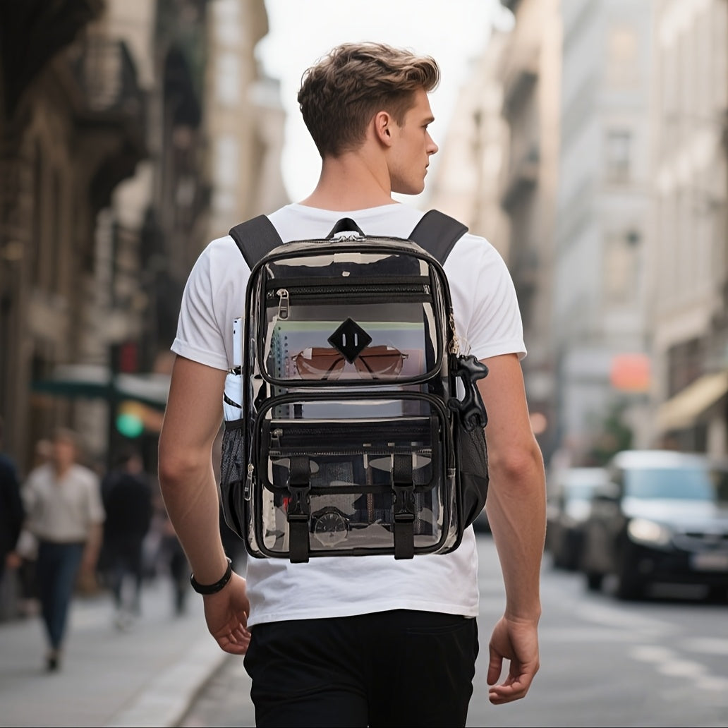 Casual Travel Men'S Backpack, 4.23gal Large Capacity, Lightweight Transparent Bag, Adjustable Shoulder Straps, Gym Approved, Outgoing Commuter Backpack, Black