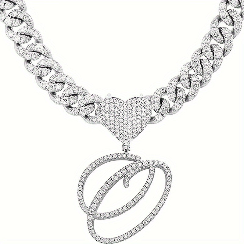 Silvery Cuban Link Necklace - Heart-shaped Alphabet Pendant on Ice Chain - Unisex Hip-hop Jewelry Gift