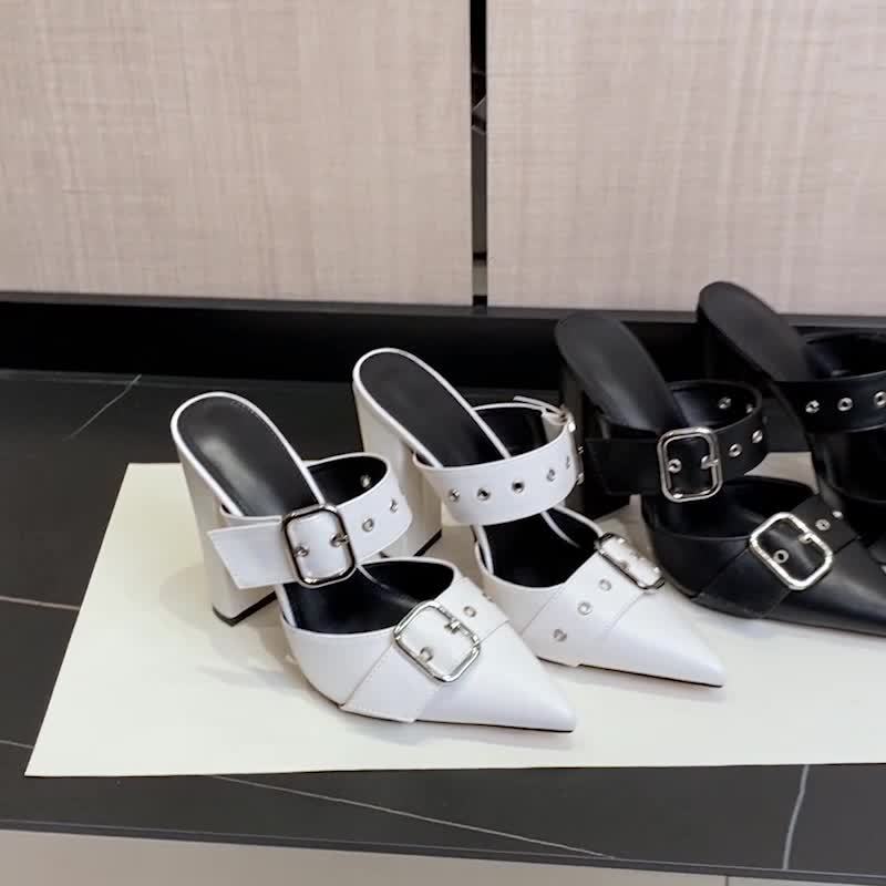 Women's Fashion Pointed Toe Heels, Chunky Heels Mule Rivets Decor Slip On Dress Mules, Buckle Band Elegant Party Shoes