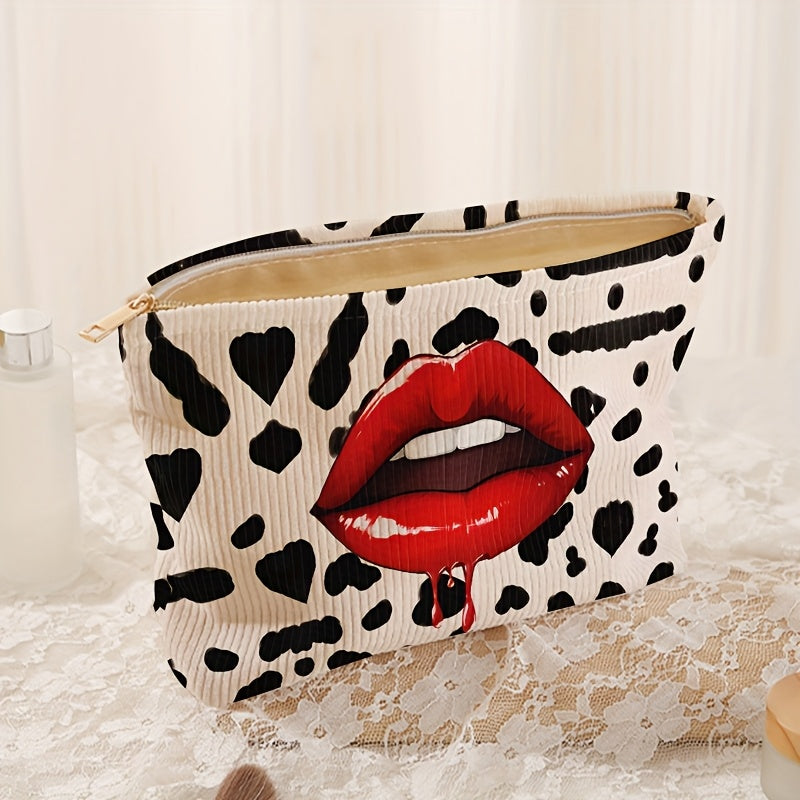 Leopard Print & Red Lips Pattern Cosmetic Bag - Polyester Makeup Pouch with Zipper, Chic Velvet-Like Toiletry Organizer, Non, Lightweight & Lined Multifunctional Travel Case