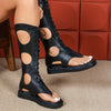Women's Trendy Roman Flat Mid-Calf Boots with Round Lace-Up Cut-Out Design, Black PU Cover Open Toe Sandals, Stylish and Versatile for All Seasons, Allseason Boots | Chic Footwear | Pu Cover Boots
