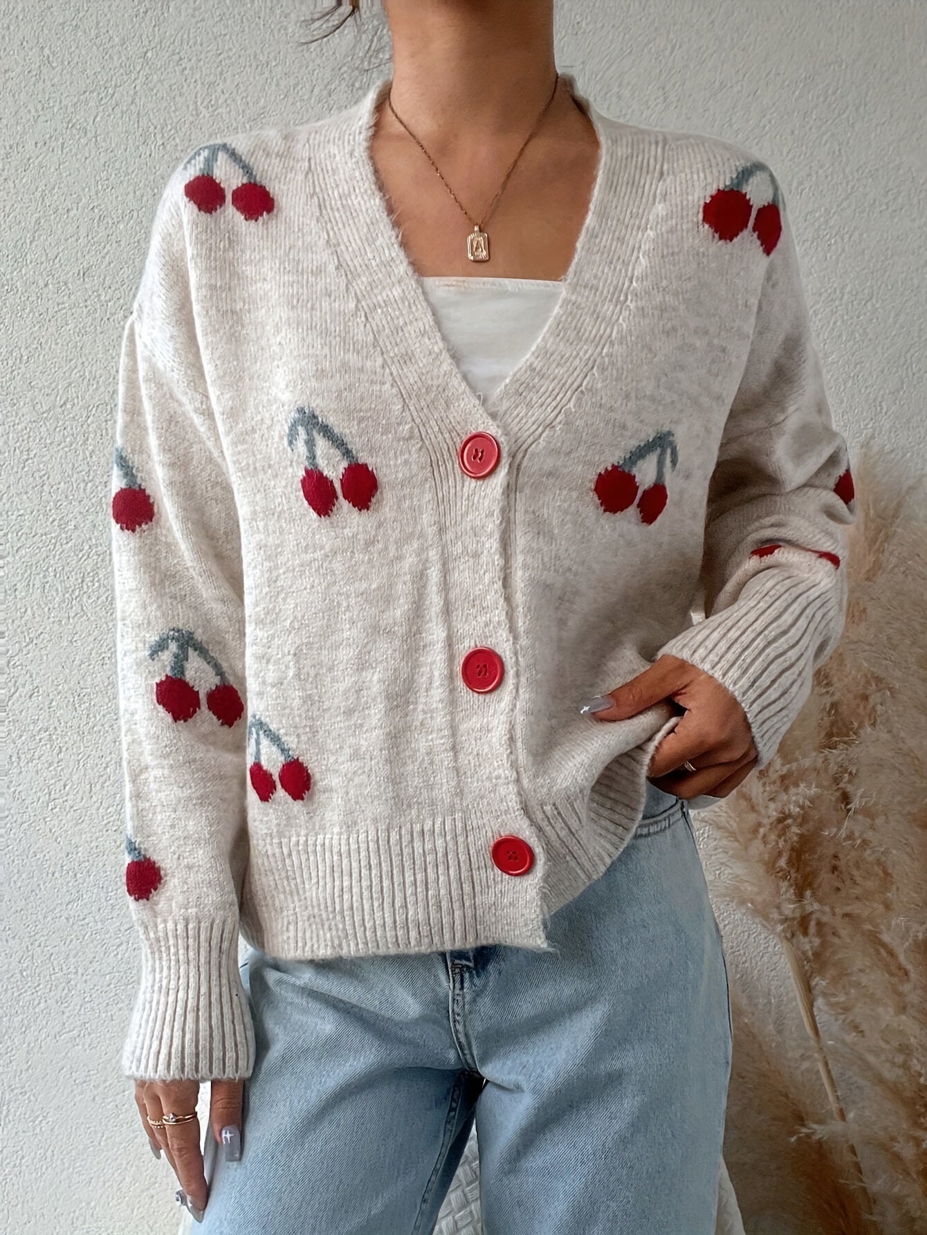 Elegant Cherry Pattern Knit Cardigan for Women - Soft Acrylic Blend, Open Front, Long Sleeve, Cozy Autumn Style with Red Cherry Design on White Background, Cherry Decor