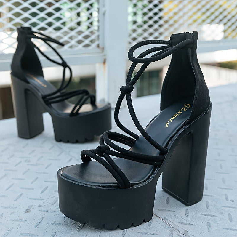 Elegant Black Block Heel Sandals for Women - Sexy Open Toe with Crisscross Straps, High Platform Dress Shoes with Back Zipper, Faux Cover Lining, Fashion Sandals|Skyhigh Heels|Chunky Heel Construction, Stiletto Heels
