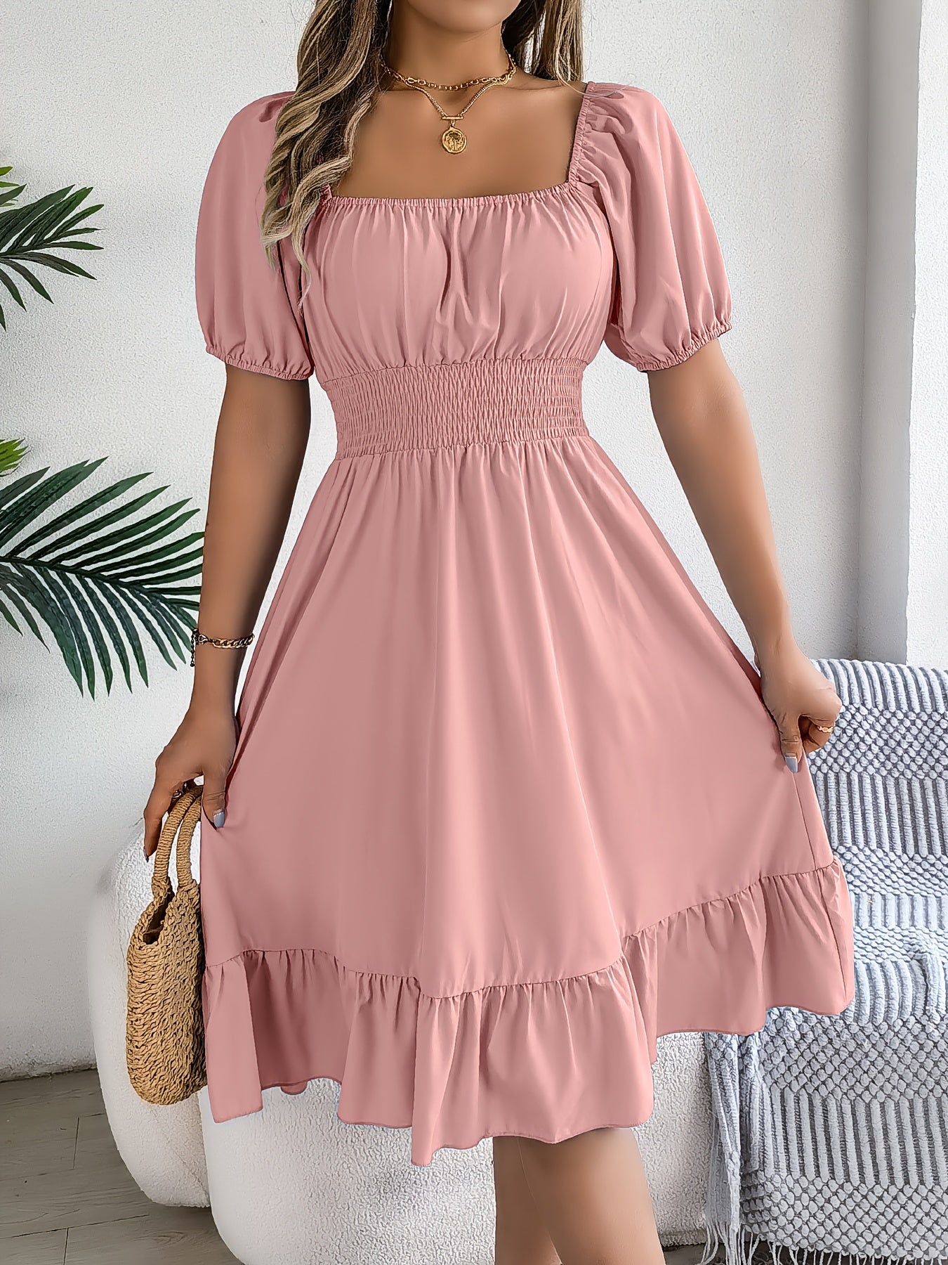 1pc Women'S Elegant Square Neck Short Sleeve A-Line Dress with Ruffle Detail, Polyester Woven Fabric, Solid Color, Spring/Summer/Autumn Collection