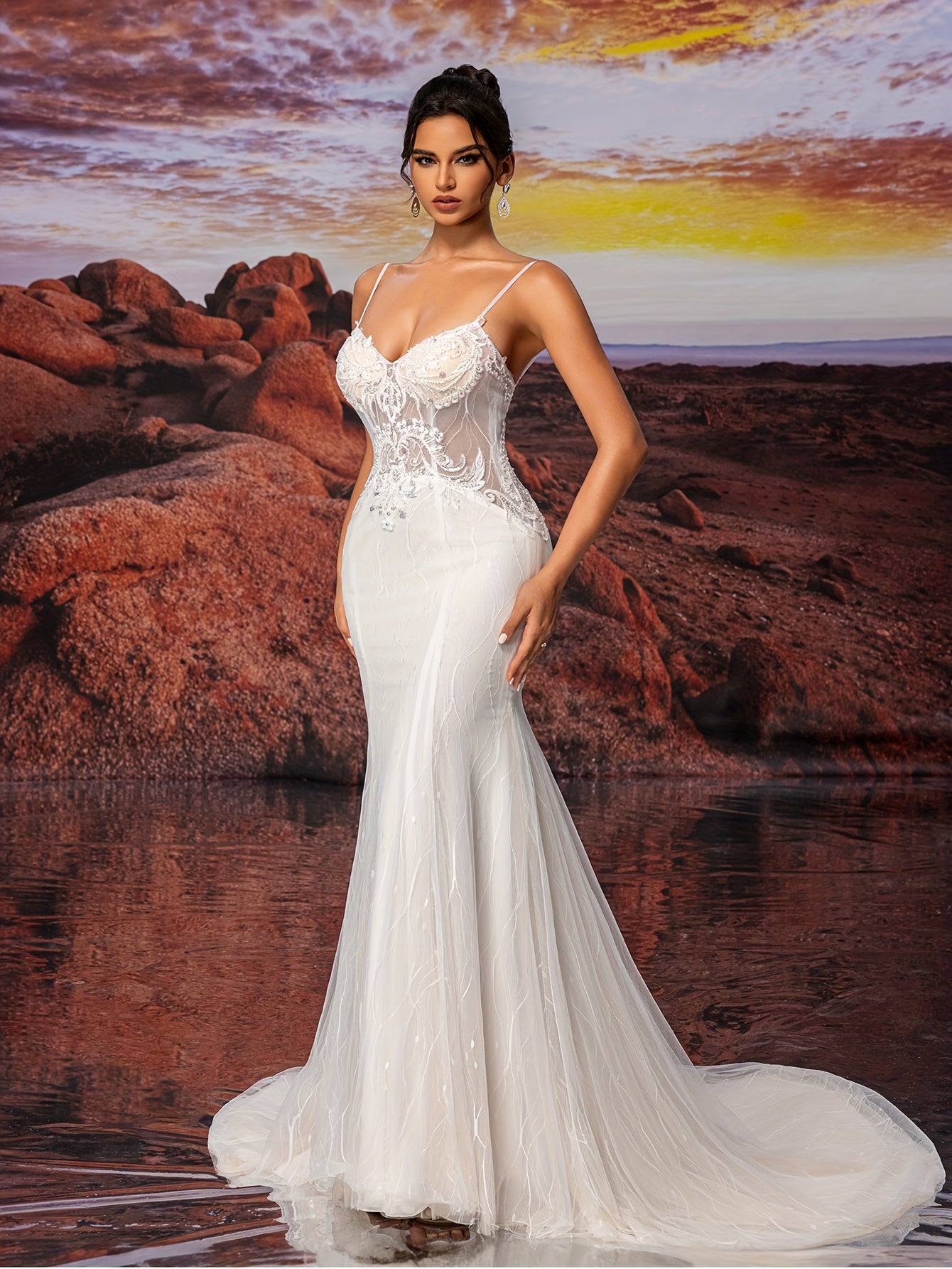 Slip Dress Fishtail Sexy Lace Fabric Soft Comfortable Sequins Wedding Dress