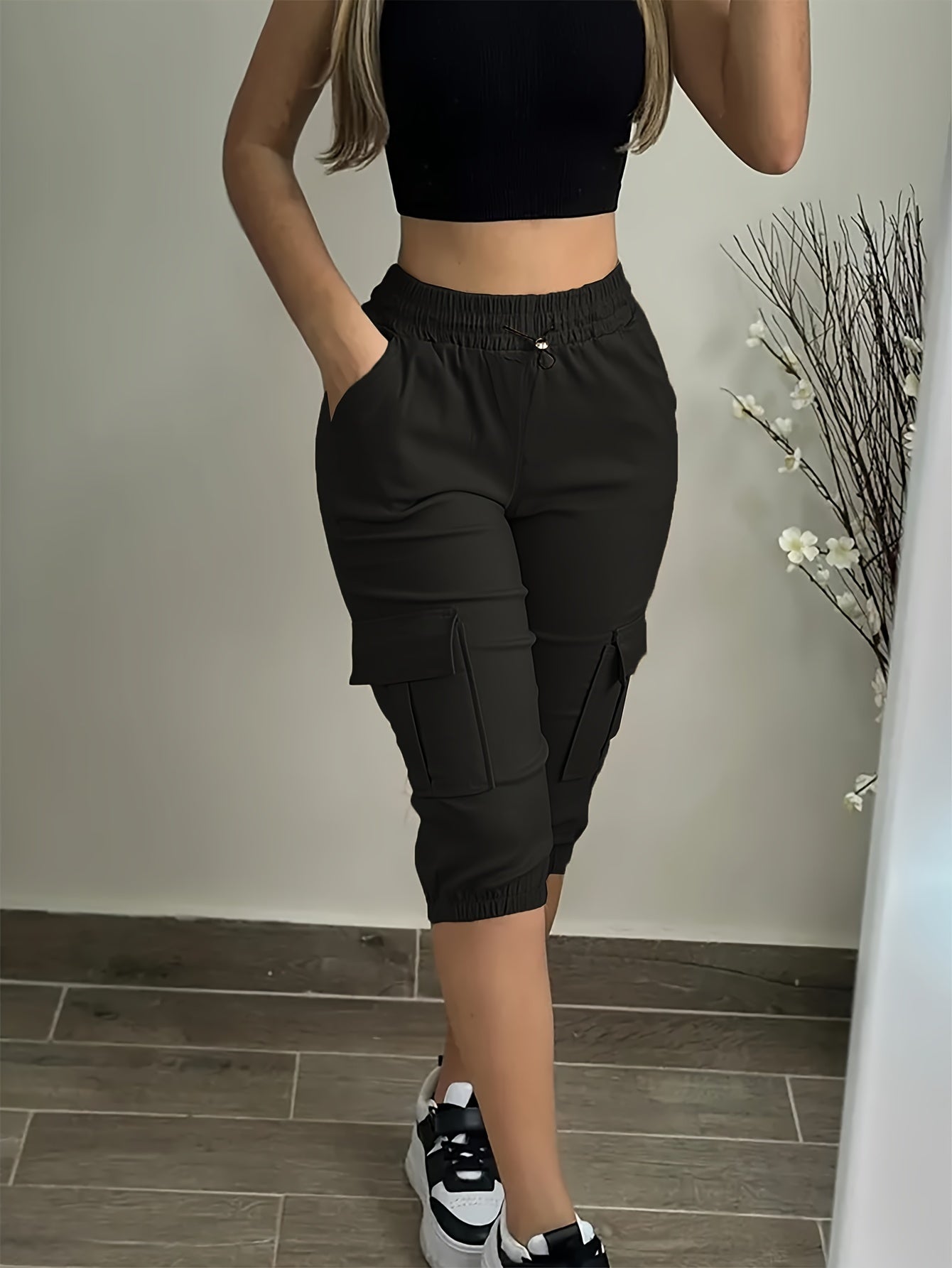 Flap Pockets Cargo Pants, Casual High Waist Cropped Pants For Spring & Summer, Women's Clothing