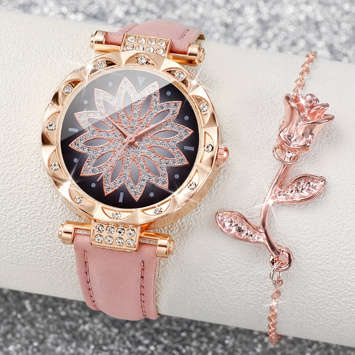 2pcs Women's Fashionable & Simple Flower Petal Quartz Watch With Bracelet Set Includes Watchband And Bracelet No Watch Box