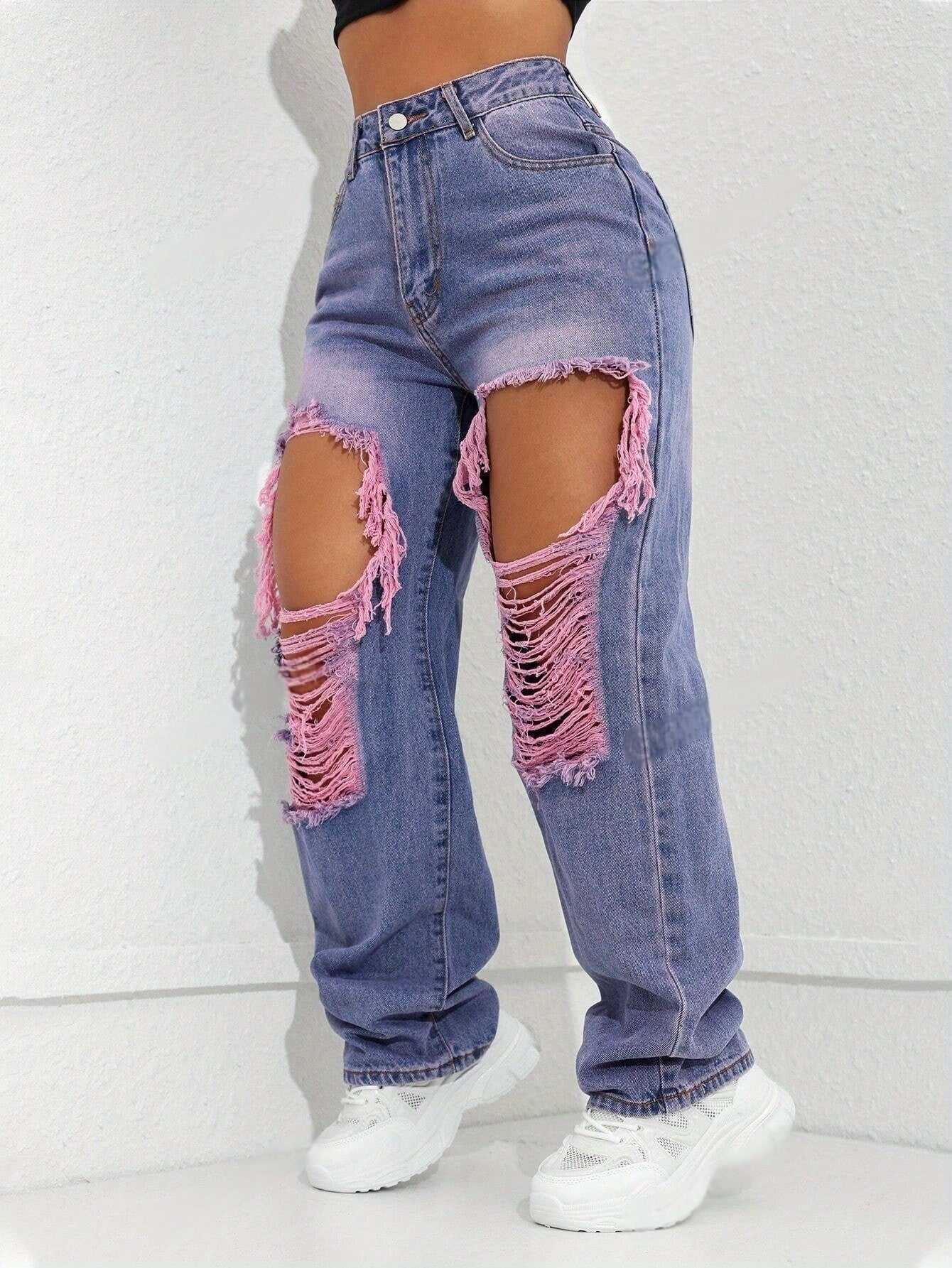 Women's High-Waisted Straight-Leg Denim Pants with Big Purple & Pink Holes - Edgy Boyfriend Style Casual Loose Fit for Spring Summer Fall, Machine Washable, High Waist Pants, Fall Fashion, Stylish Ripped Details