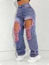 Women's High-Waisted Straight-Leg Denim Pants with Big Purple & Pink Holes - Edgy Boyfriend Style Casual Loose Fit for Spring Summer Fall, Machine Washable, High Waist Pants, Fall Fashion, Stylish Ripped Details