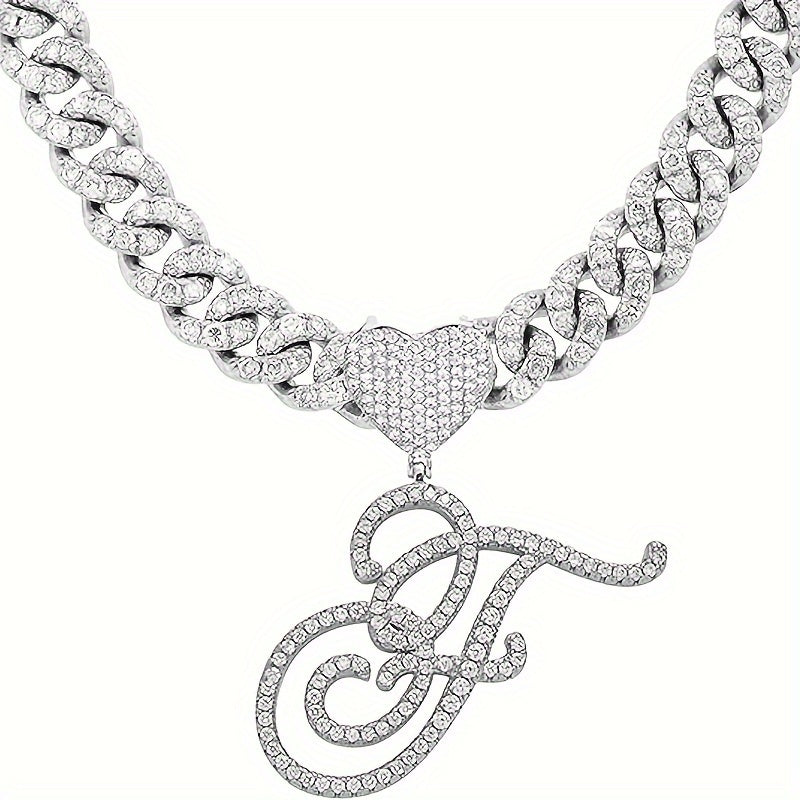 Silvery Cuban Link Necklace - Heart-shaped Alphabet Pendant on Ice Chain - Unisex Hip-hop Jewelry Gift