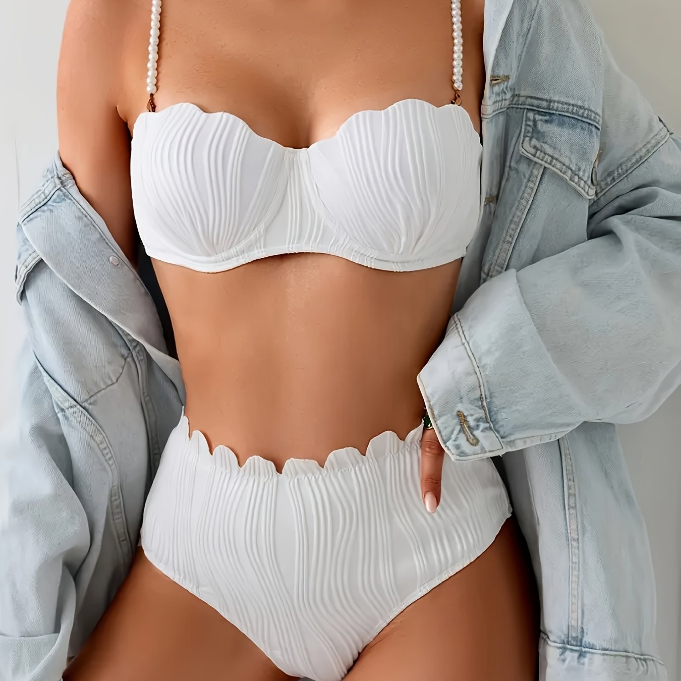Elegant Off-Shoulder Two-Piece Bikini Set for Women - High-Waist, Backless, Stretchy Swimsuit with Ruched Detail, Dark Blue, Perfect for Poolside & Beach Wear, Beach Swimsuit|Ruched Detail Swimsuit|Stretchy Fabric