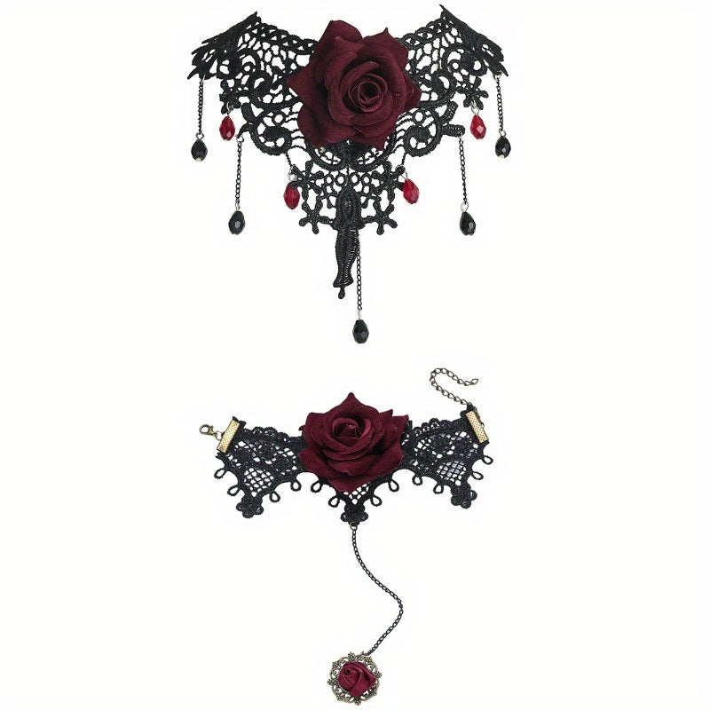 Gothic Lace Choker and Ring Bracelet Set, 2pcs Black Rose Handmade Vintage Necklace Bracelet Combo for Women, Elegant Polyester Fiber Costume Jewelry for Halloween, Parties, and Cosplay Events