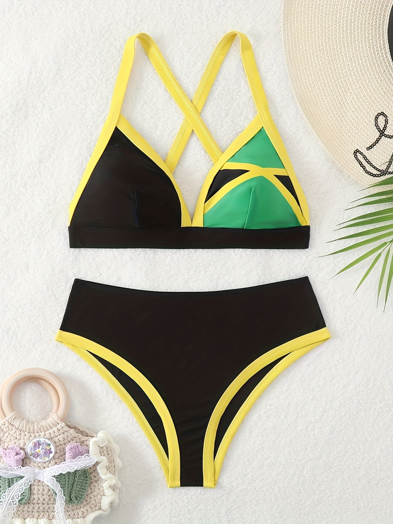 ZAFUL Women'S Casual Chic Color Blocked Geometric Stitching, Backless Cross Tie Sexy Bikini Set