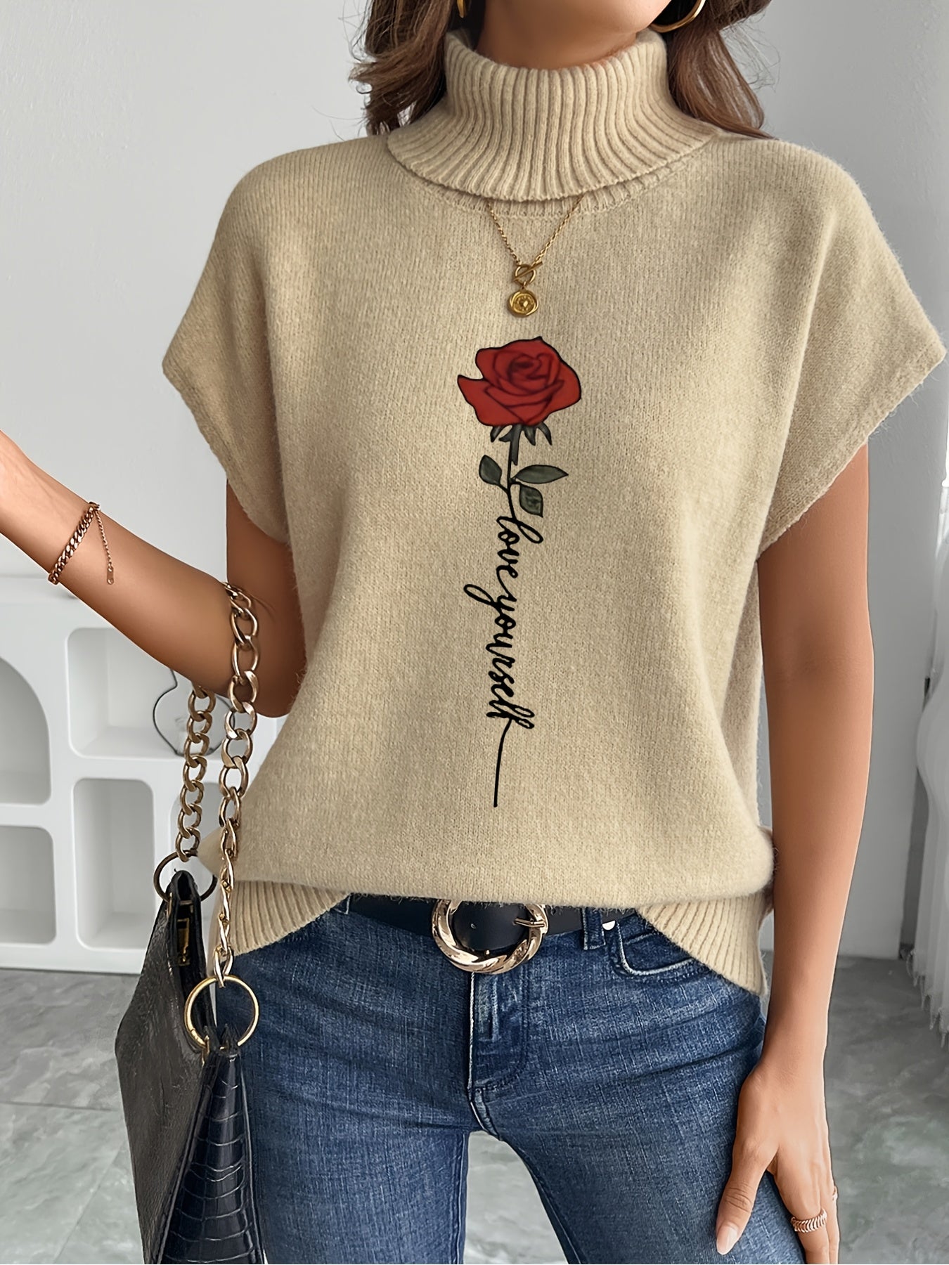 Women's Casual Rose Print Sleeveless Knit Vest - Elegant Beige Sweater with High Neckline and Stretchy Fabric, Perfect for Spring/Summer/Fall