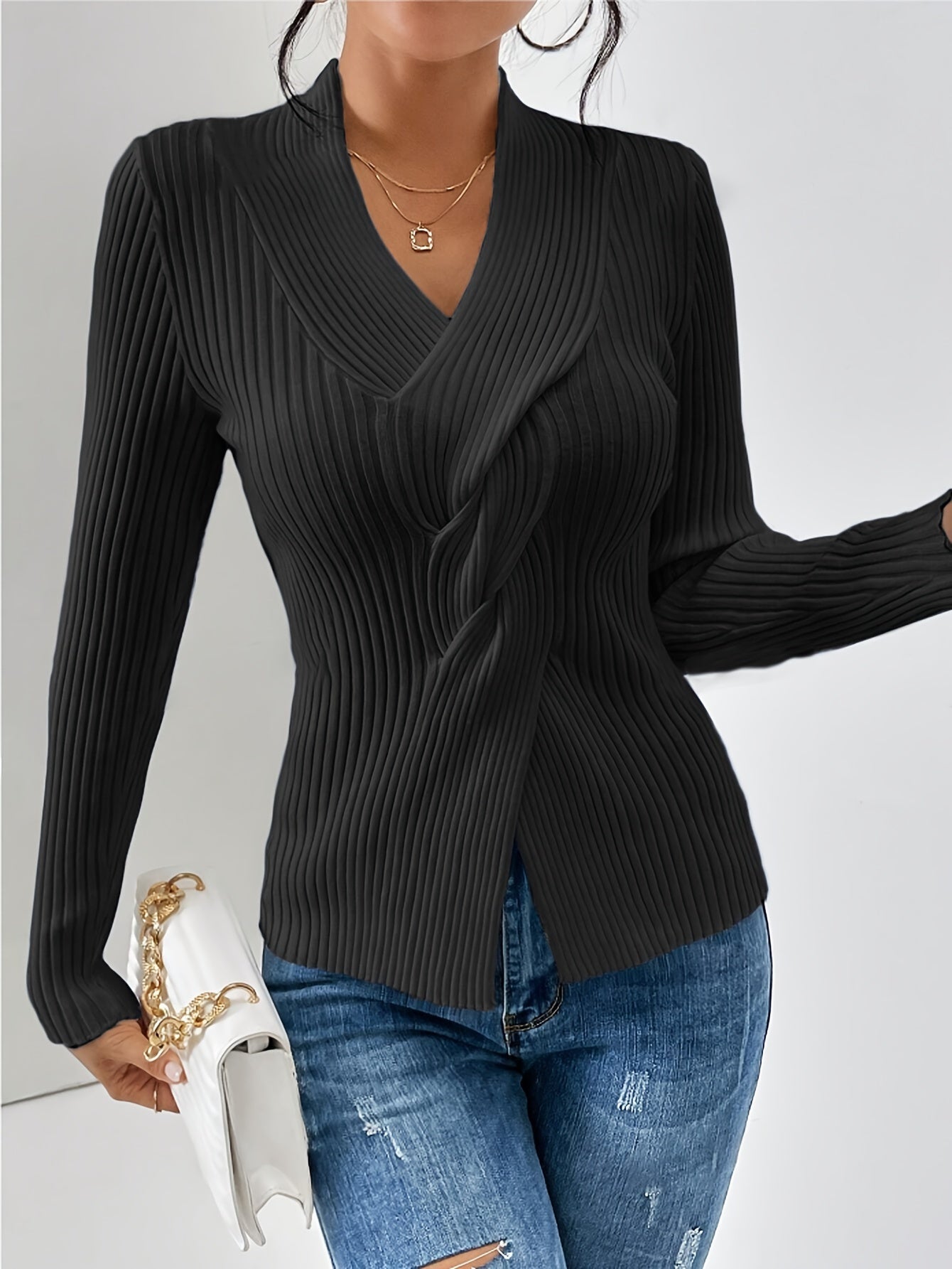 Twist Front V Neck Slim Sweater, Elegant Long Sleeve Sweater For Fall & Winter, Women's Clothing