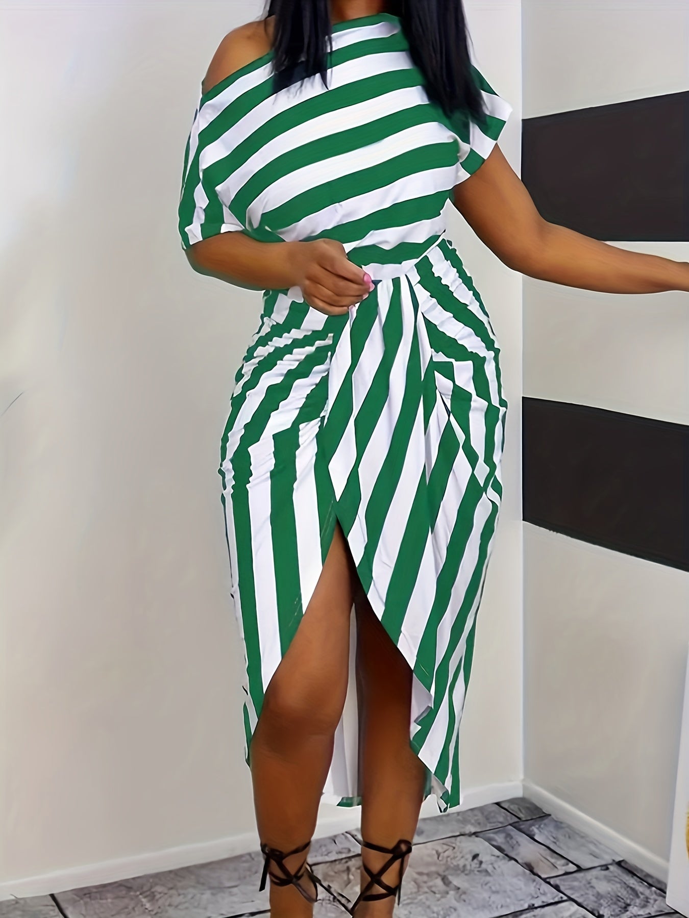 Striped One Shoulder Split Dress - Sexy Short Sleeve Dress For Summer - Women's Clothing - For Women - Perfect for Parties & Beach Vacations - Ideal Gift for Her