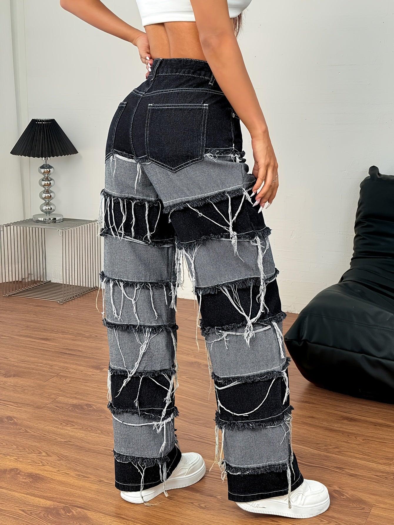 Women'S Patchwork Denim Jeans - Cotton Blend Straight Leg Long Pants, Street Style, Non-Stretch Woven Fabric, with Frayed Hem, Zipper Fly, Pocket Detail, for Casual Weekend Wear