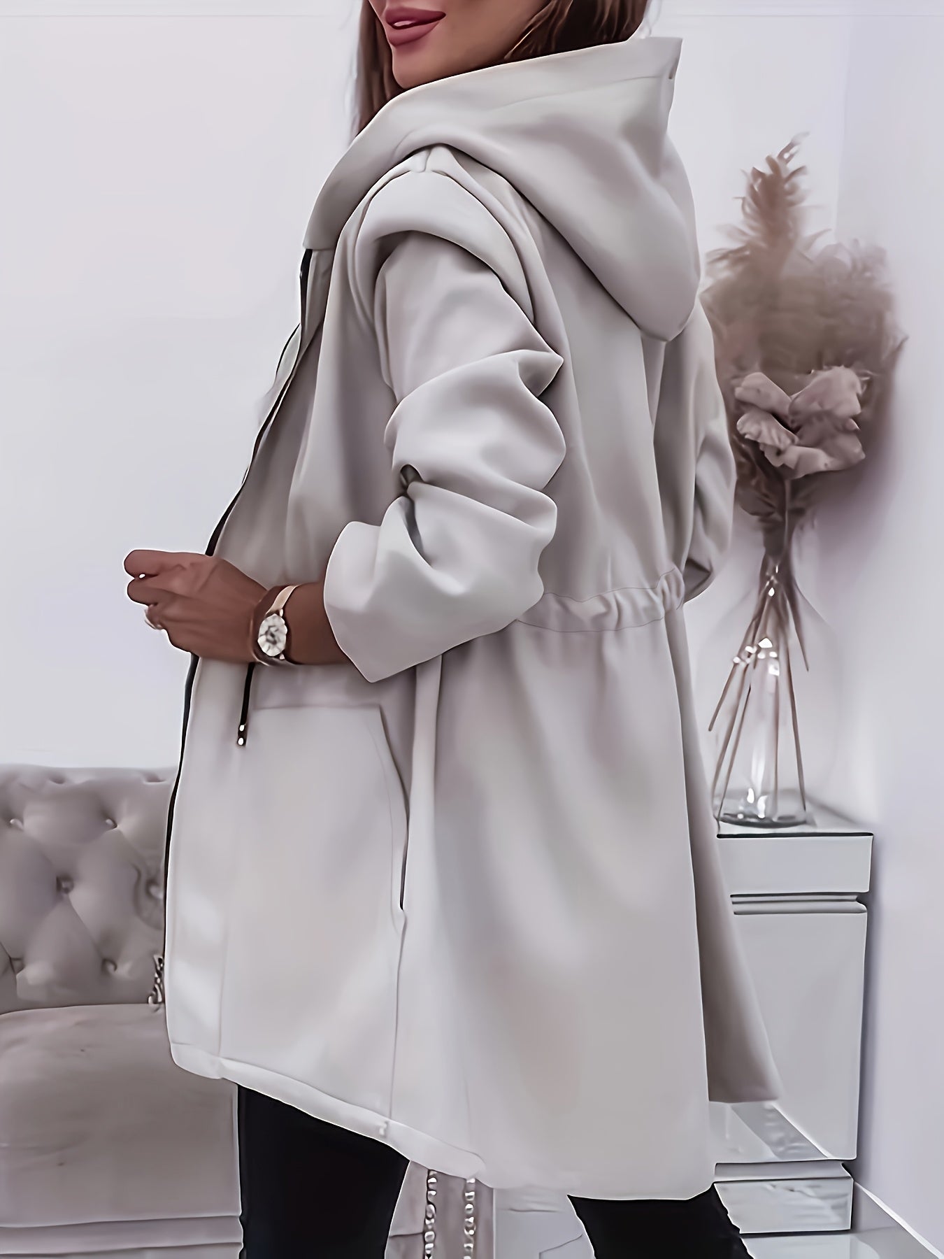 Women's Casual Hooded Jacket with Drawstring & Zip Pockets - Polyester, Machine Washable, Solid Color for Fall/Winter