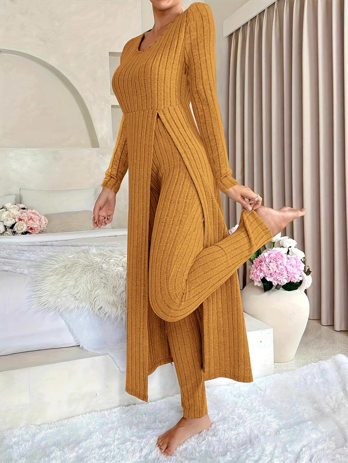 Short Sleeve V Neck Solid Color Ribbed Pants Set, Elastic Waist Slim Outfits with Long Length Top, Casual Women's Clothing