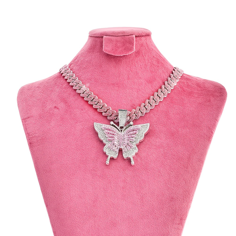 Hiphop Butterfly Pendant Necklace Setanimal themed jewelry Y2K style zinc alloychain with synthetic stone and setaperfect for parties, music festivals andValentine's Day gifts Fashion jewelry