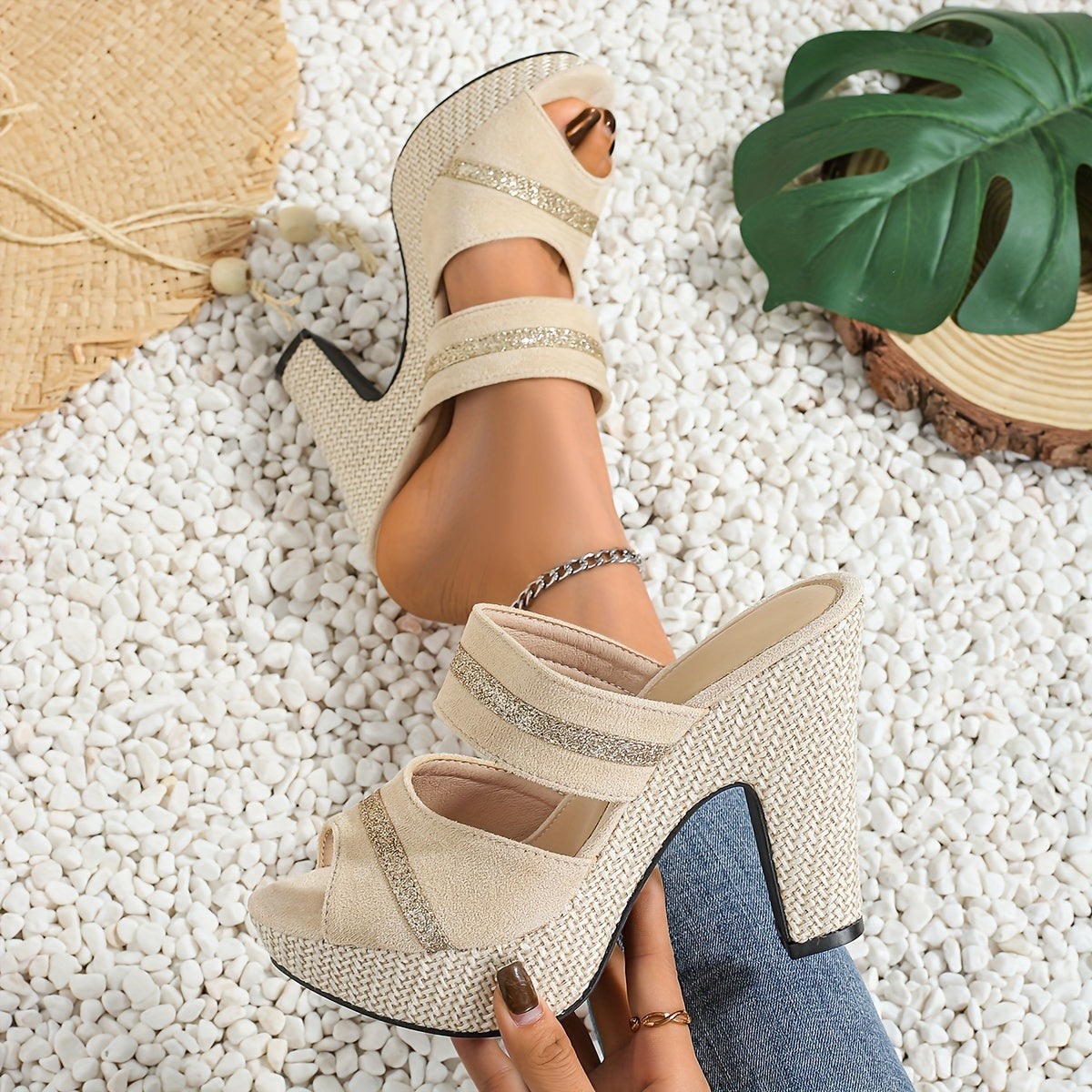 Shimmering Sequined Platform Sandals - Comfortable Double Bands, Stylish Slides for Summer - Dazzling Chunky Heels, Ideal for Music Festival Outfits