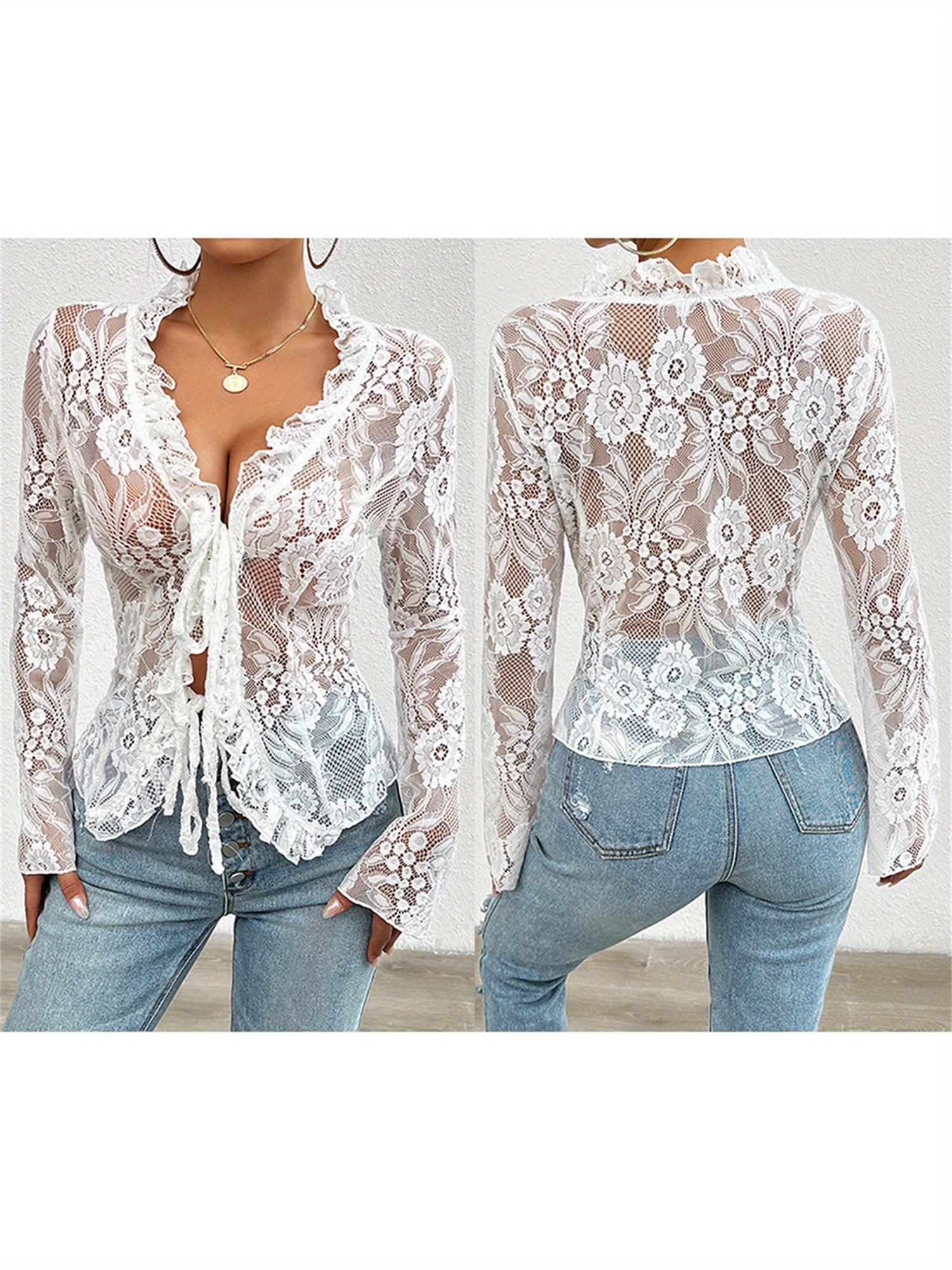 Women's Sheer Blue Lace Tie-Front Blouse - Long Sleeve V-Neck Floral Top for Casual & Clubwear, High Stretch Polyester Fabric, Elegant Ruffled Detailing, Casual Clubwear | Floral Lace Design | Intricate Lace Texture