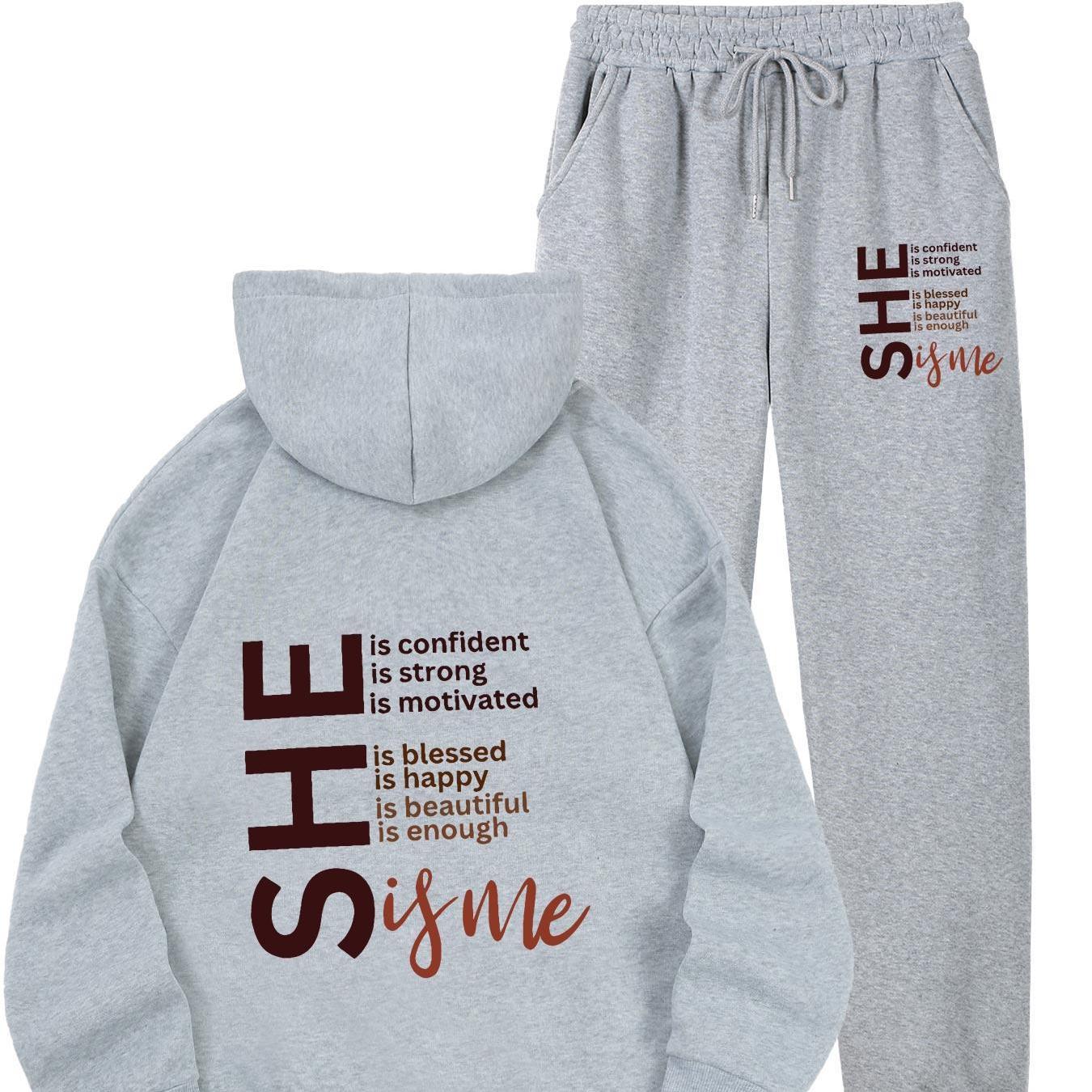 Cozy Fleece-Lined Women's Hoodie & Sweatpants Set with Letter Print - Machine Washable, Pocket Detail, Polyester