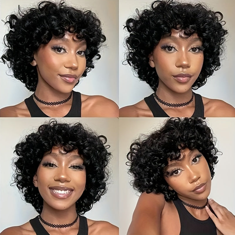 180% Density Bouncy Afro Loose Curls Short Bob Wig - 100% Human Hair, Pixie Cut, Bangs, Rose Cap, Glueless Put-On for All Ethnicities