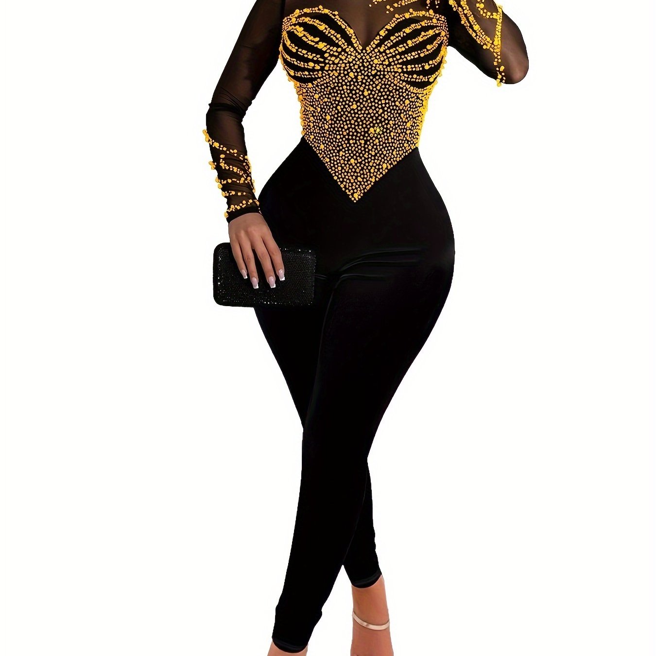 Rhinestone Illusion Neck Jumpsuit, Elegant Long Sleeve Tight Jumpsuit For Party & Club - Women's Clothing -  Sparkly Rhinestone Design -  Suitable for Evening Events & Parties - Perfect Gift for Women