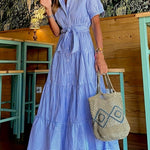 [1pc Striped Tunic Dress Vacation] 1pc FD492 Summer Vacation Style Striped Tunic Dress, Polyester 95% Elastane 5%, Lapel Collar with Belt Detail, Woven Midi Length for Adults