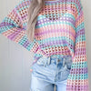 Women's Bohemian One-Shoulder Crochet Cover-Up - Lightweight Lace- Beach Top with Color-Block Design, Short Front & Long Back, Multi-Color Pastel Shades for Spring/Summer Vacation Poolside Casual Wear, Curve Beachwear
