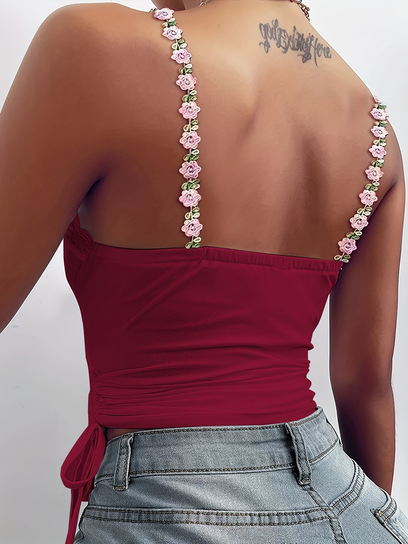[Solid Color Sleeveless Vest Top] Women'S Floral Lace Trim Ruffle Hem Spaghetti Strap Tank Top, Polyester Knit Fabric, Solid Color Sleeveless Vest for Summer