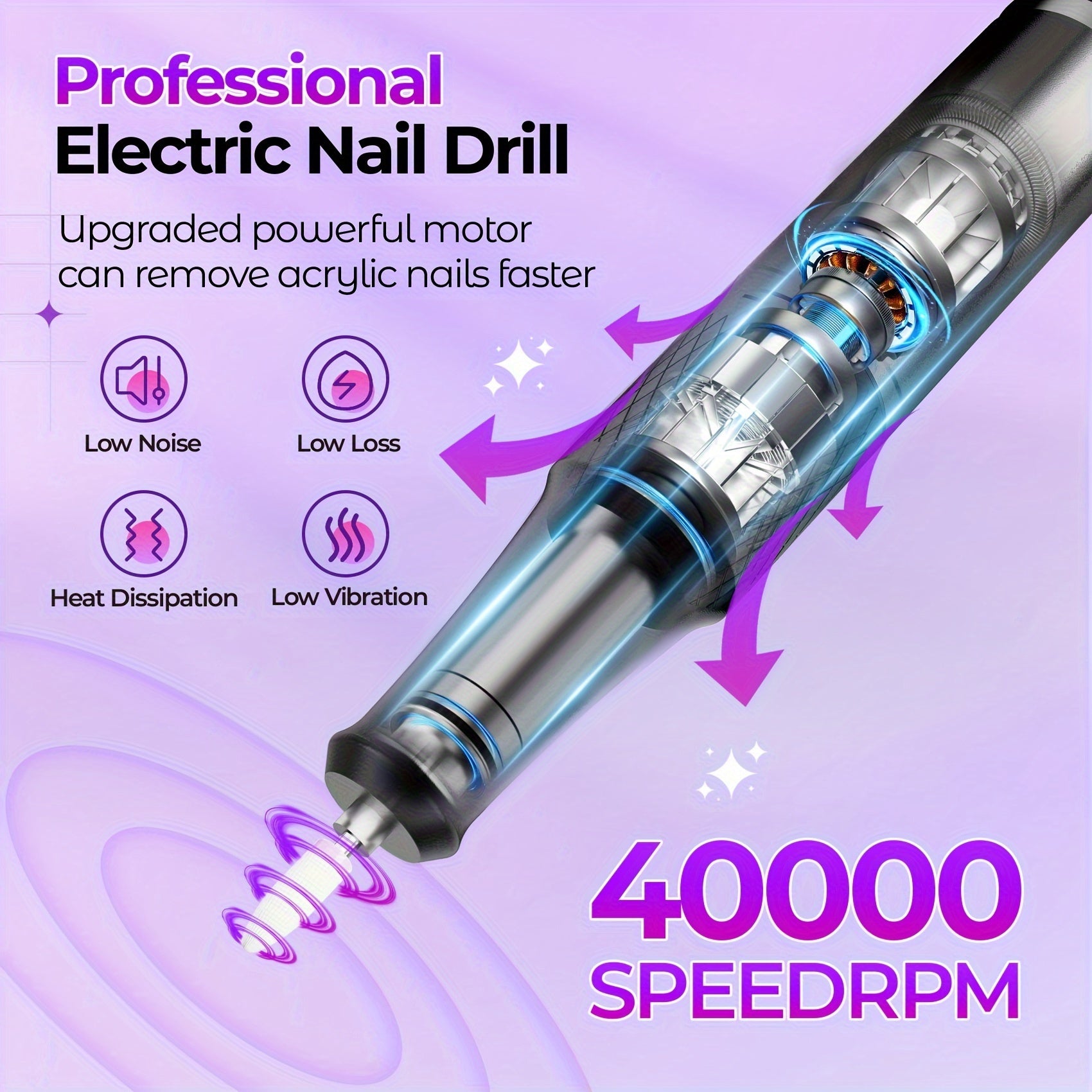 Electric Nail Drill Machine 40000RPM Professional Efile Nail Drill Kit, High Speed, Low Heat, Low Noise, Low Vibration, Electric Nail File For Acrylic Gel Nails, Toenail Shaping, Buffing, Grinder Manicure Pedicure Polishing S