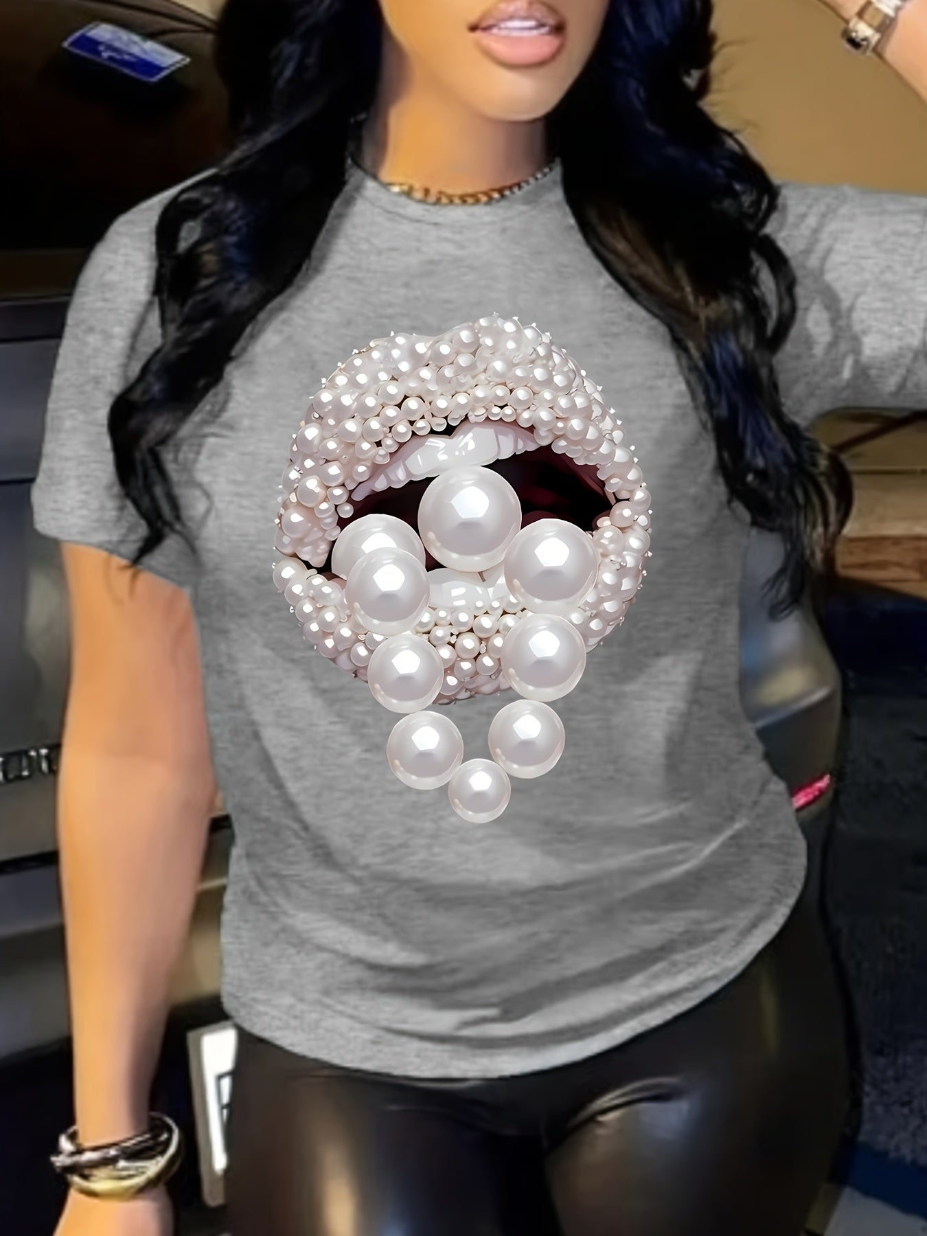 Art Jewelry Lip Pattern Art Print T-shirt, Trendy Fashion Women'S T-shirt, Summer Short Sleeve Top Casual