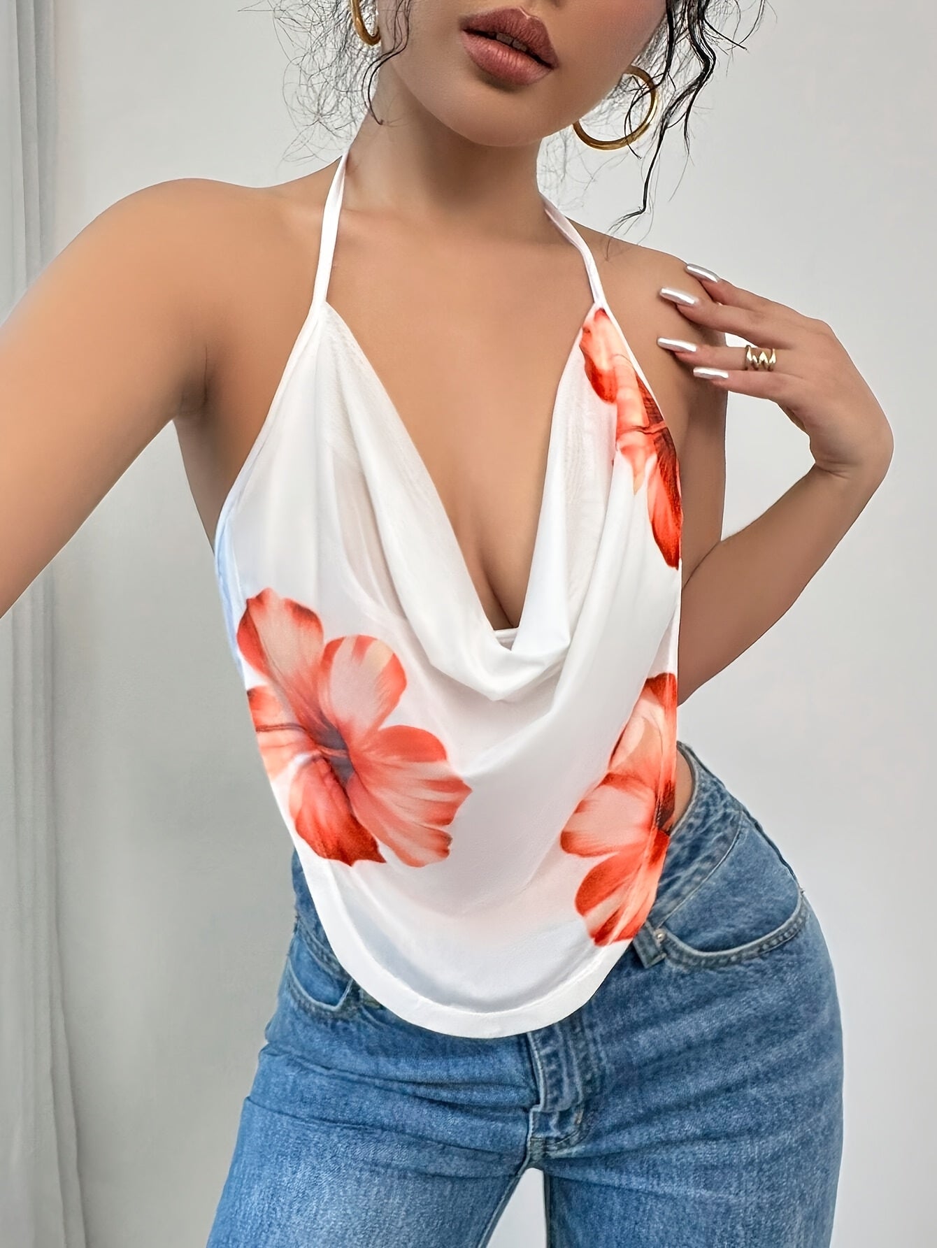 Floral Print Backless Halter Top