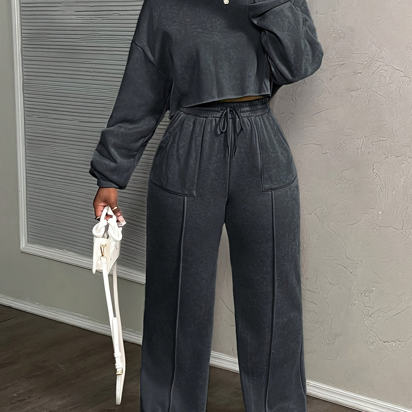 Women's Solid Color Casual Street Style Loose Pocket Drawstring Sports Suit