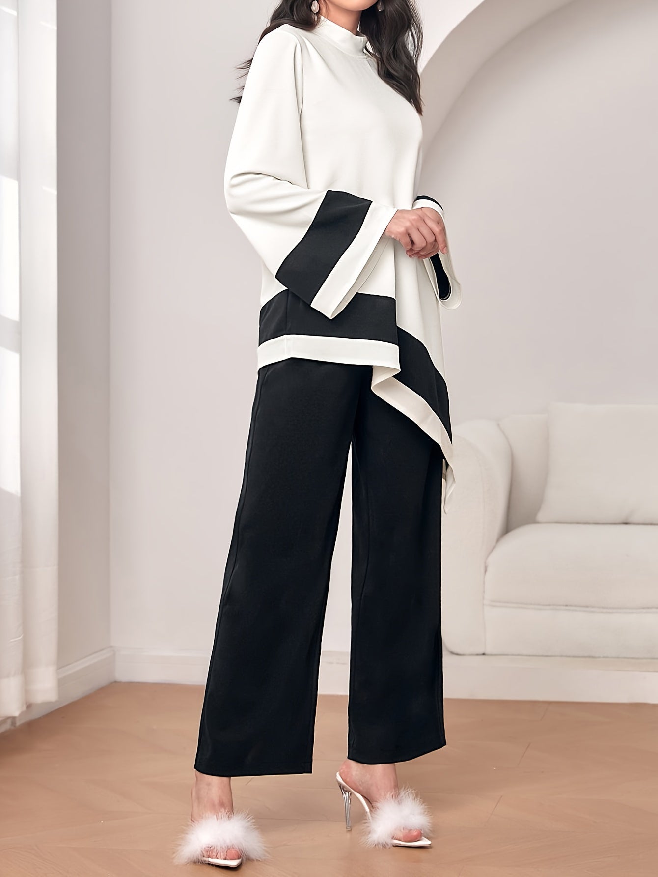 Elegant Stand Collar Asymmetric Hem Top and Pants Set for Women - Polyester Knit Fabric, Solid Color, All Seasons