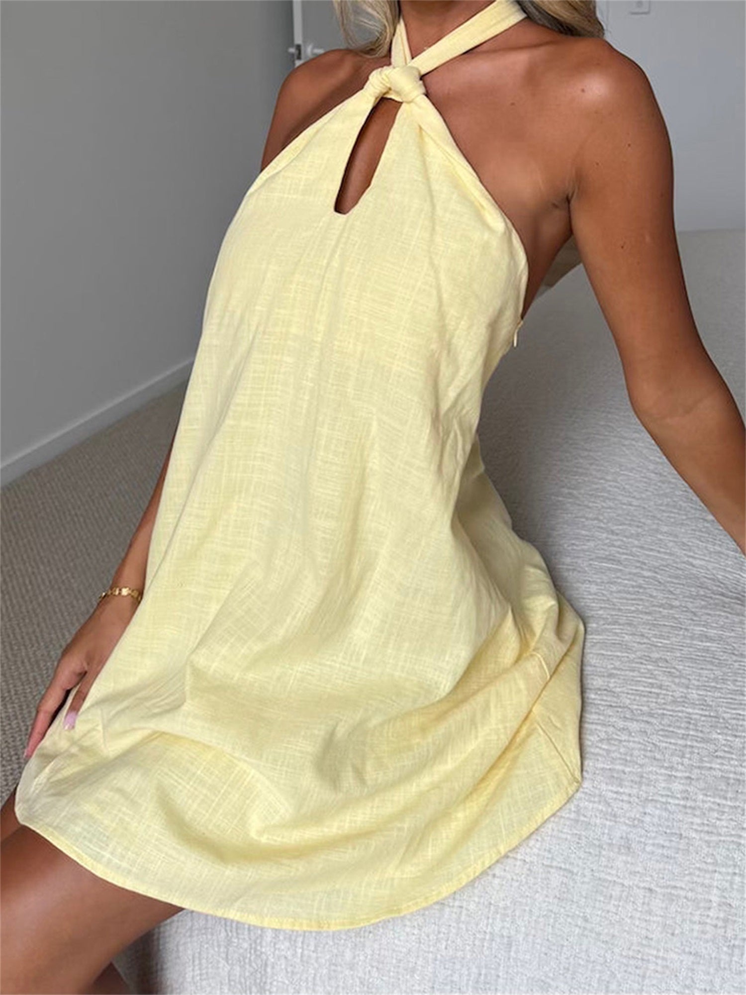 Women's Boho Floral Halter Neck Dress - Open Back Tie-Up Waist Sleeveless Mini Dress with Pink Flowers on White, Lightweight Summer Casual Beach Dress, Machine Washable, Beach Dresses, Festive Occasion Attire, Nontransparent