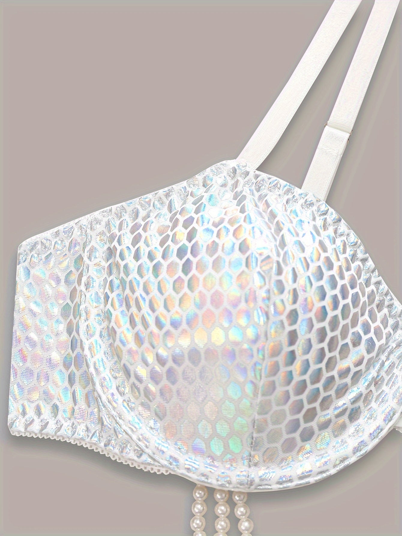 Faux Pearl Chain Detail Bra, Shiny Geo Pattern Bra, Women's Sexy Lingerie & Underwear